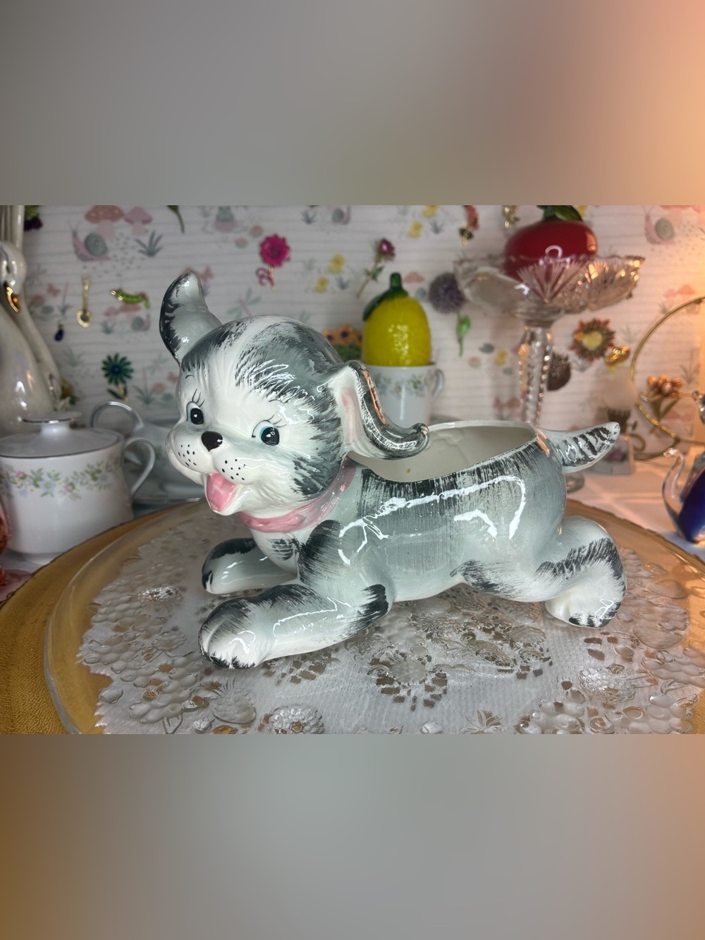 Gray & White Relpo Japan Ceramic Puppy Planter with Pink Collar